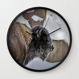 Profile of bison on snowy road in Yellowstone Wall Clock