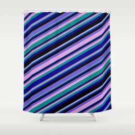 [ Thumbnail: Vibrant Slate Blue, Plum, Dark Cyan, Dark Blue & Black Colored Lines/Stripes Pattern Shower Curtain ]