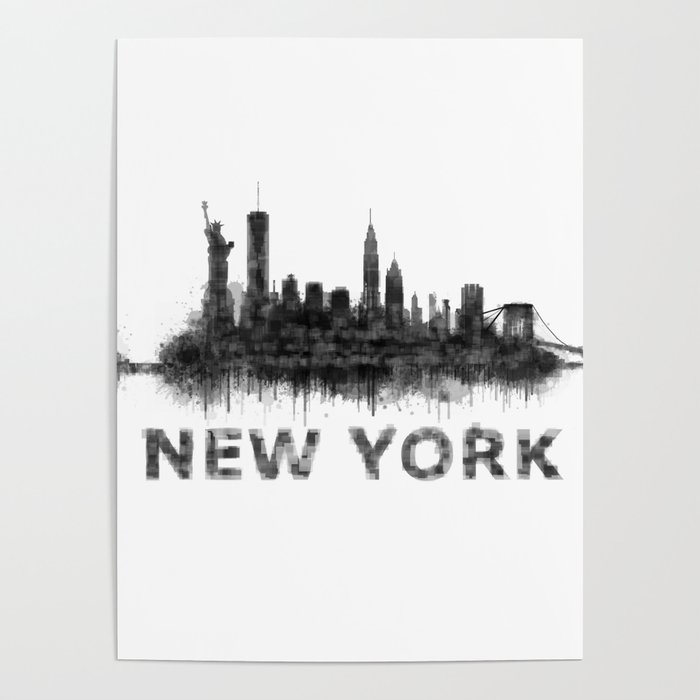 NY New York City Skyline NYC Black-White Watercolor art Poster