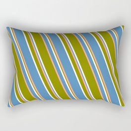 [ Thumbnail: Light Salmon, Green, White, and Blue Colored Striped Pattern Rectangular Pillow ]