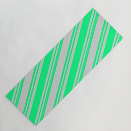[ Thumbnail: Green and Light Gray Colored Striped Pattern Yoga Mat ]