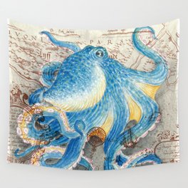Blue octopus Vintage Map Watercolor Nautical Marine Art Wall Tapestry