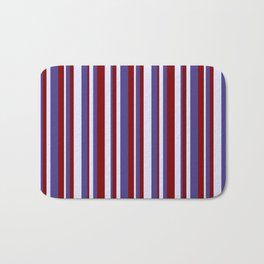 [ Thumbnail: Lavender, Dark Slate Blue & Maroon Colored Lines Pattern Bath Mat ]