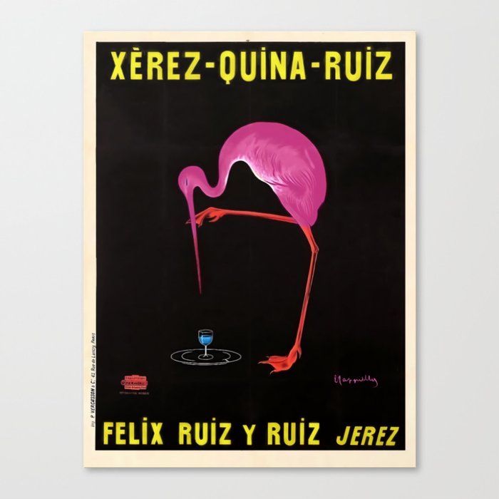 Rare Aperitif pink flamingo Xérez-Quina-Ruiz 1905 liquor alcoholic beverage vintage poster in yellow lettering poster / posters Canvas Print
