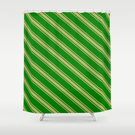 [ Thumbnail: Green & Dark Khaki Colored Lines Pattern Shower Curtain ]