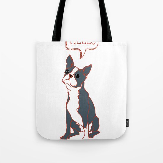 Boston Terrier, Hello, Red, Black, Grey Tote Bag