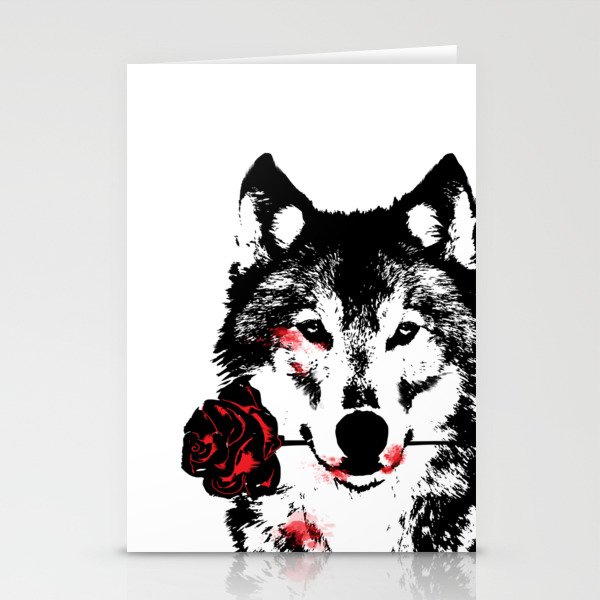 Wolf blood stained, holding a red rose. Stationery Cards