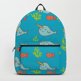 Narwhal Underwater Creatures Pattern | Ocean Theme Backpack | Whales, Ocean, Shells, Blue, Seaweed, Narwhal, Whale, Undersea, Kelp, Sea 