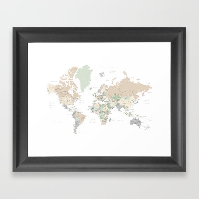 World map with cities, "Anouk" Framed Art Print