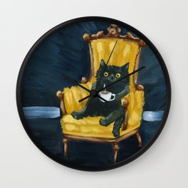Mondays Wall Clock | Acrylic, Cat, Blackcat, Kilkennycatart, Antiquechair, Catwithcoffee, Yellowchair, Coffeecat, Painting, Coffee 