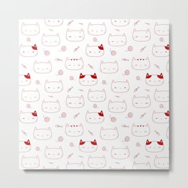 Red Doodle Kitten Faces Pattern Metal Print