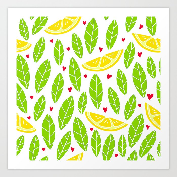 Lemon Slices And Vibrant Leaves Graphic Design Pattern Art Print