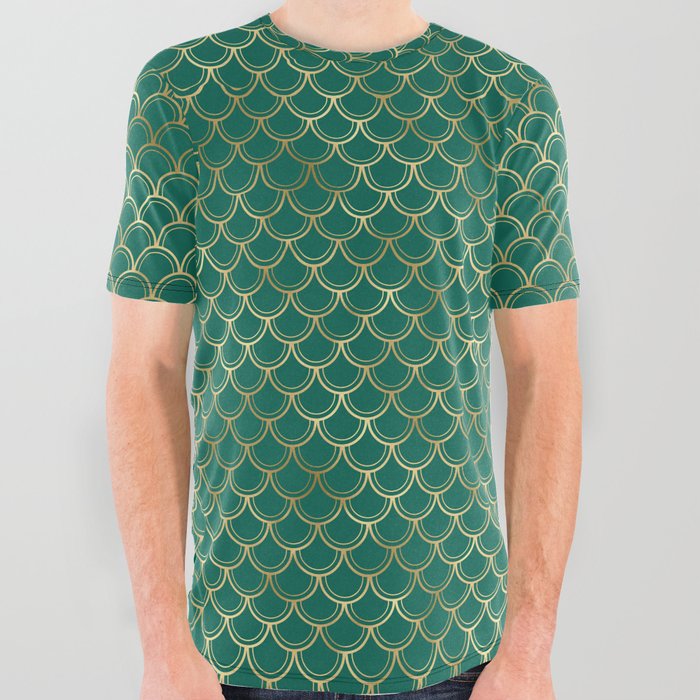 Gold Green Scales Pattern All Over Graphic Tee