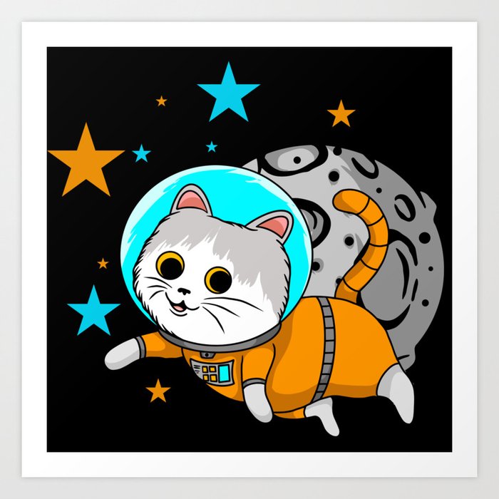 Cute cartoon Kitten astronaut jumping over planet Art Print