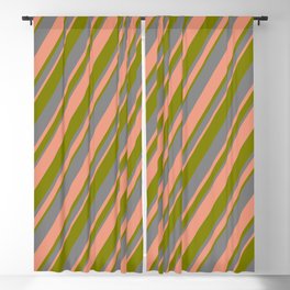 [ Thumbnail: Grey, Dark Salmon & Green Colored Stripes/Lines Pattern Blackout Curtain ]
