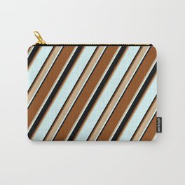 [ Thumbnail: Brown, Tan, Light Cyan & Black Colored Striped/Lined Pattern Carry-All Pouch ]