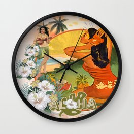 Retro Hawaiian Hibiscus and Hula Dancer Wall Clock