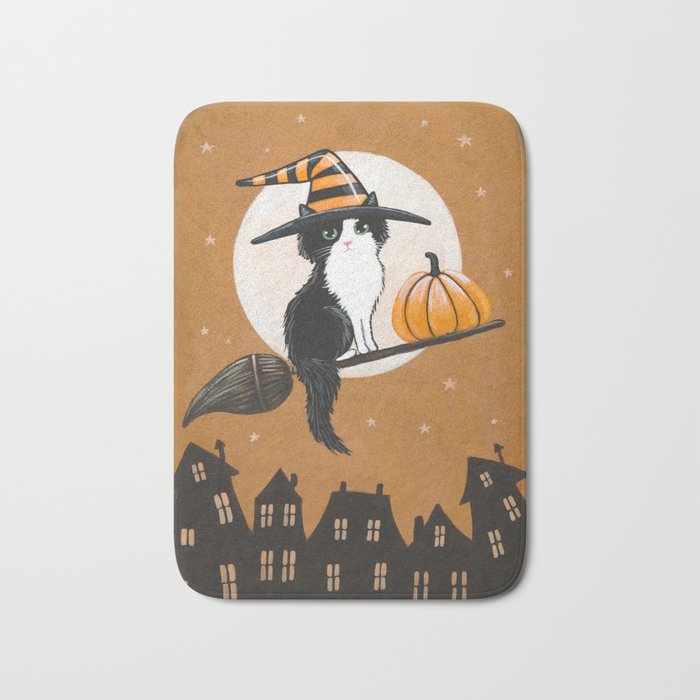 Black and White Witch Cat Bath Mat