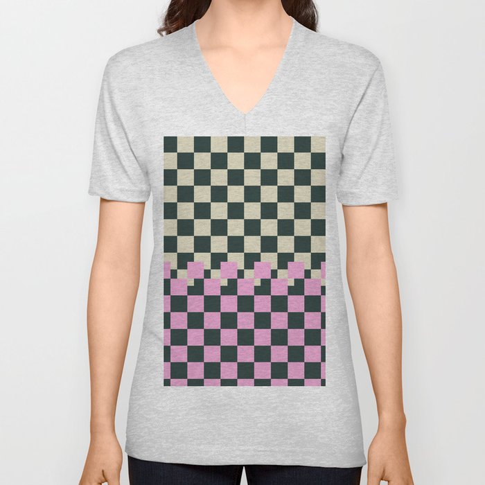 Retro Checker Pattern in Green and Magenta V Neck T Shirt