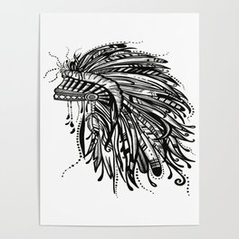Native American Indian Headdress Warbonnet Black and White Poster