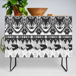Fair isle knitting grey wolf // black and white wolves moons and pine trees Credenza