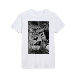Grouchy Lion being kissed by brunette girl black and white photography Kids T Shirt