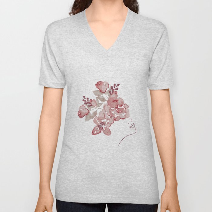 Abstract Lineart With Watercolor Flowers Woman V Neck T Shirt