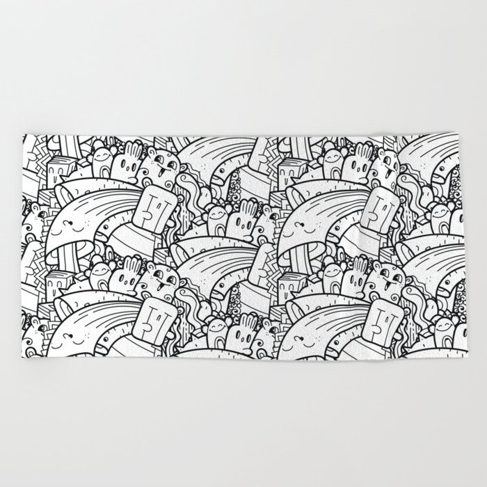 Cute Monsters Doodle Coloring Pattern Beach Towel