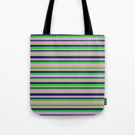 [ Thumbnail: Plum, Dark Khaki, Midnight Blue, and Lime Green Colored Lines/Stripes Pattern Tote Bag ]