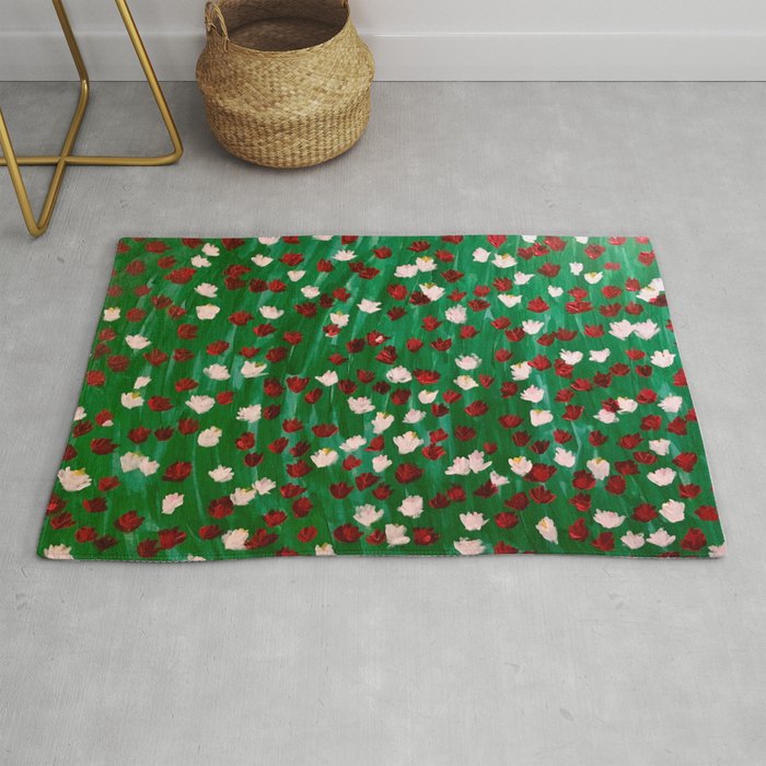 Red and White Flowers on Green Grass Rug by PC Mercantile | Society6