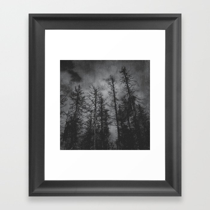 Transmission // Vintage Mountains Moody Forest With Dead Souls Cascadia Trees in Moonlight Framed Art Print
