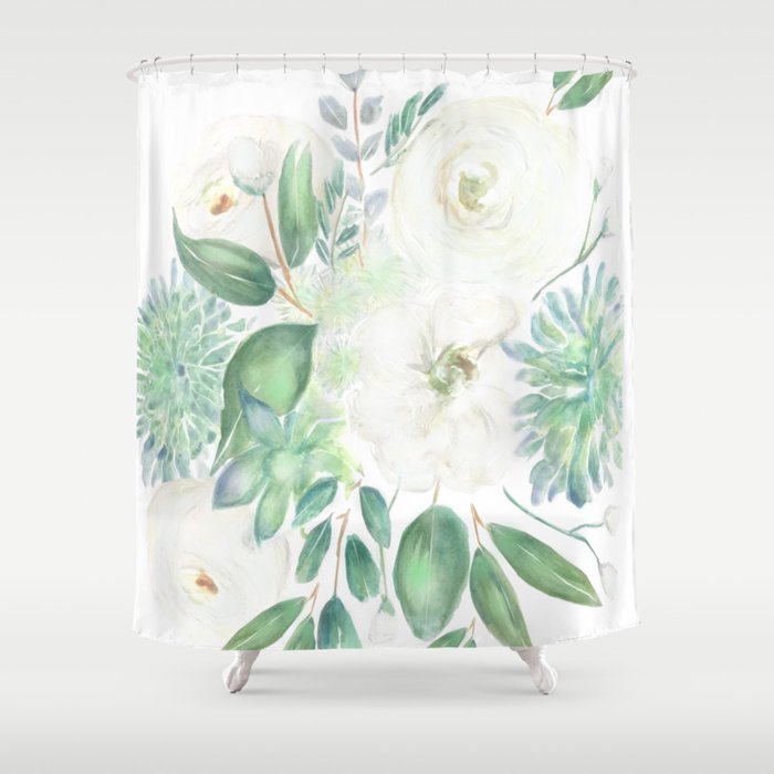 Handmade white flowers watercolor composition  Shower Curtain