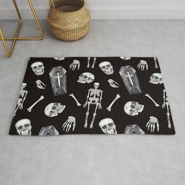 Creepy skull seamless pattern. Watercolor spooky Halloween illustration. Dead men, skeleton, coffin on black background. Design in vintage goth style.  Area & Throw Rug