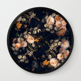 Antique Botanical Peach Roses And Chamomile Midnight Garden Wall Clock