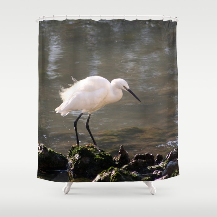 white heron bird by the river Shower Curtain