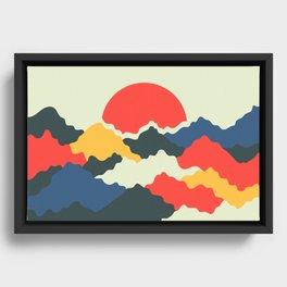 Vintage Retro 50s and 60s Color Palette Mid-Century Minimalist Nature Mountains and Sun Framed Canvas