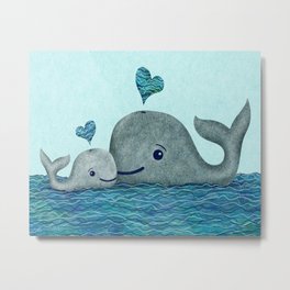 Whale Mom and Baby with Hearts in Gray and Turquoise Metal Print | Cute, Mother, Whale, Hug, Love, Drawing, Heart, Ocean, Nursery, Animal 
