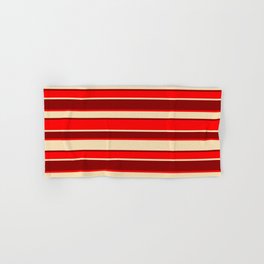 [ Thumbnail: Dark Red, Red, and Tan Colored Striped Pattern Hand & Bath Towel ]