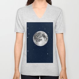 Peaceful Happy Moon in Space Midnight Stars  V Neck T Shirt