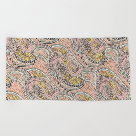 mosaic fish pastel Beach Towel