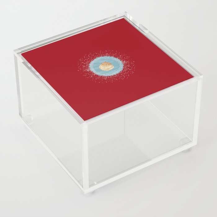 Watercolor Seashell and Blue Circle on Red Acrylic Box