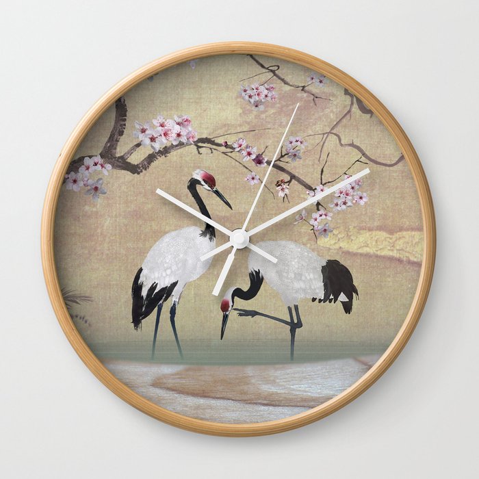 Cranes Under Cherry Tree Wall Clock