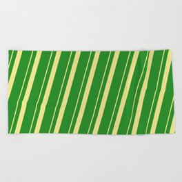 [ Thumbnail: Tan & Forest Green Colored Pattern of Stripes Beach Towel ]