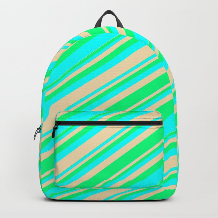 Green, Aqua, and Tan Colored Stripes/Lines Pattern Backpack