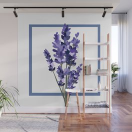Floral Lavender Bouquet Design Pattern on Blue and White Wall Mural