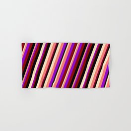 [ Thumbnail: Vibrant Dark Violet, Dark Red, Black, Bisque, and Salmon Colored Stripes Pattern Hand & Bath Towel ]