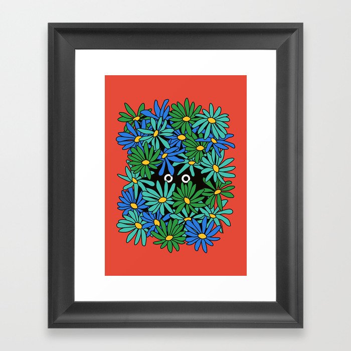 Shy Wallflower - retro botanical, anxiety, awkward, red, blue, green, flowers, daisies, 60s, 7 Framed Art Print
