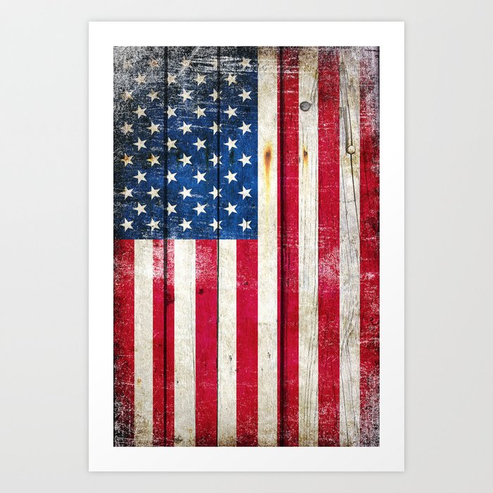 Vintage American Flag On Old Barn Wood Art Print By
