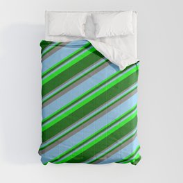[ Thumbnail: Light Sky Blue, Lime, Dark Green & Grey Colored Striped Pattern Comforter ]