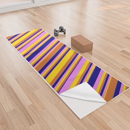 [ Thumbnail: Chocolate, Yellow, Violet, and Blue Colored Lined/Striped Pattern Yoga Towel ]